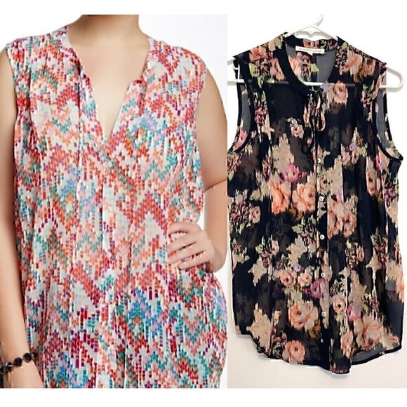 DANIEL RAINN Navy Blue Cream Ivory Multi Floral Tie Neck Button Down Tank Blouse - Picture 1 of 15